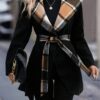 Plaid Pattern Contrast Trim Overcoat, Elegant Shawl Collar Long Sleeve Belted Outwear For Fall & Winter, Women's Clothing