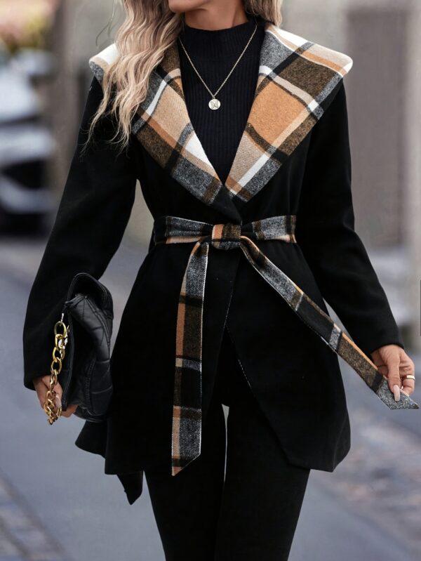 Plaid Pattern Contrast Trim Overcoat, Elegant Shawl Collar Long Sleeve Belted Outwear For Fall & Winter, Women's Clothing