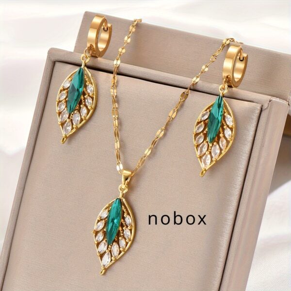 3pcs Gold-plated Grandmother Green Inlaid Rhinestone Leaf Earrings Necklace