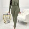 Solid Color Ribbed Two-piece Set, Long Sleeve Button Front Crop Cardigan & Skinny Strapless Jumpsuit Outfits, Women's Clothing