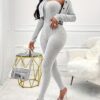 Solid Color Ribbed Two-piece Set, Long Sleeve Button Front Crop Cardigan & Skinny Strapless Jumpsuit Outfits, Women's Clothing