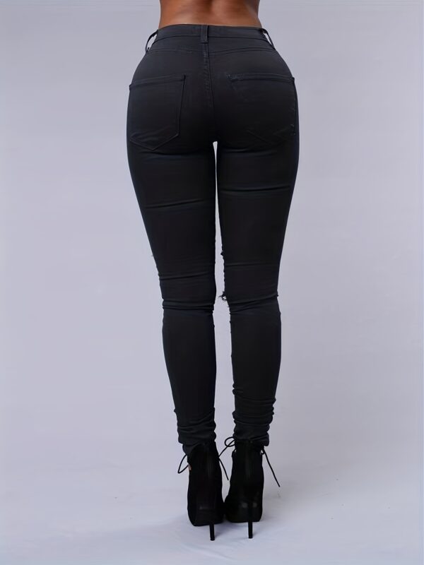 Ripped High Strech Distressed Jeans, Zipper Button Closure Solid Color Slim Fit Denim Pants, Women's Denim Jeans & Clothing