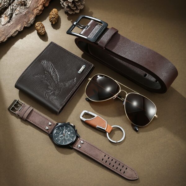 5pcs/set, Men's Fashion Casual Quartz Watch & Belt & Wallet & Glasses & Keychain