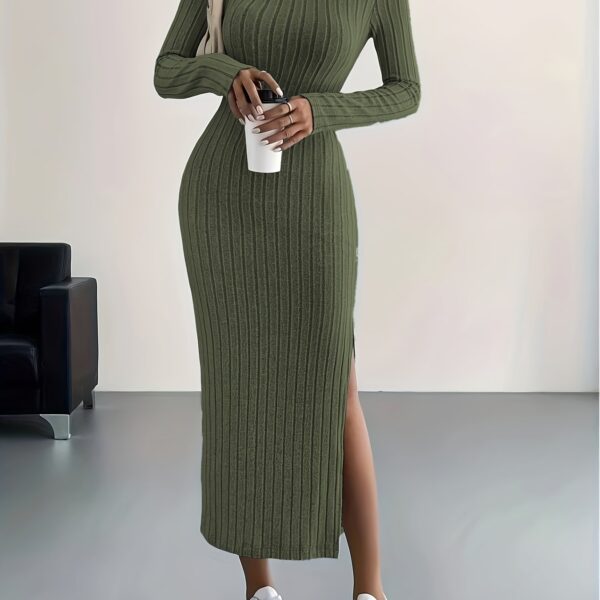 Ribbed Knit Long Sleeve Dress, Casual Crew Neck Split Hem Slim Dress, Women's Clothing