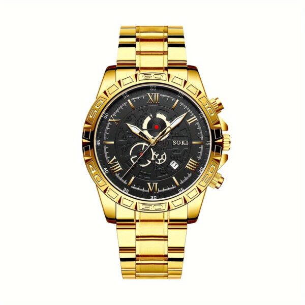 3pcs/set, Men's Stainless Steel Casual Trend Disc Calendar Quartz Watch And Lion Head Necklace Bracelet Set